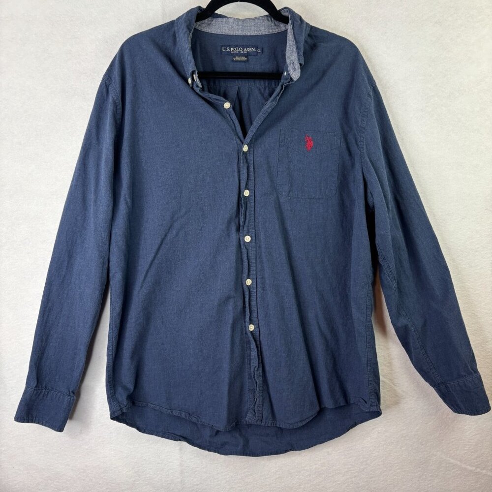 US Polo Assn Mens XL Dark Blue Button-Up Shirt Long Sleeve Collared 100% Cotton